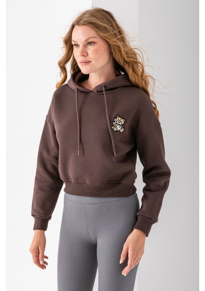 Kadın Kapüşonlu Ayıcık Nakışlı 3ip Crop Sweatshirt Kahverengi - 2668 indirimleri