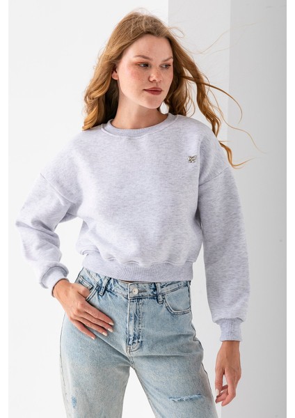 Kadın Bisiklet Yaka Kelebek Aksesuarlı 3ip Crop Sweatshirt Gri - 2670 modelleri