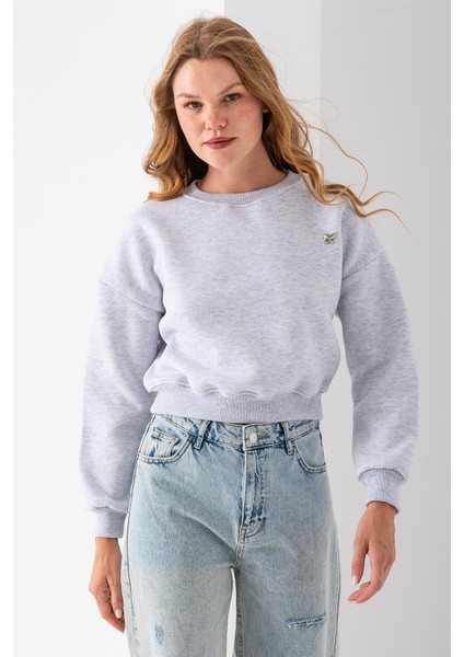 Kadın Bisiklet Yaka Kelebek Aksesuarlı 3ip Crop Sweatshirt Gri - 2670 indirimleri