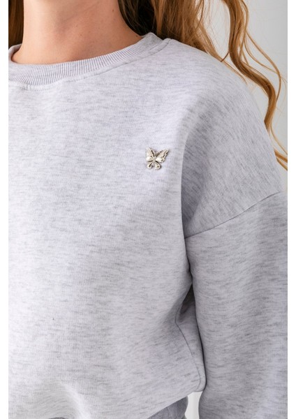 Kadın Bisiklet Yaka Kelebek Aksesuarlı 3ip Crop Sweatshirt Gri - 2670