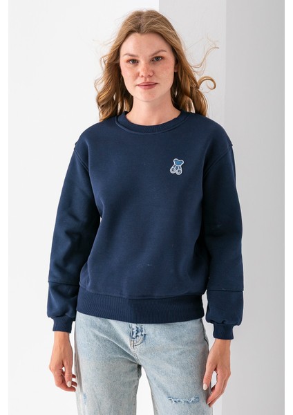 Kadın Bisiklet Yaka Taşlı Ayıcık Nakışlı 3ip Sweatshirt Lacivert - 2625 fiyatları