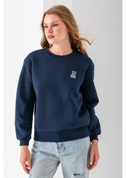 Kadın Bisiklet Yaka Taşlı Ayıcık Nakışlı 3ip Sweatshirt Lacivert - 2625 modelleri
