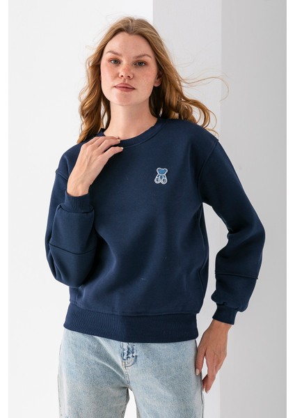 Kadın Bisiklet Yaka Taşlı Ayıcık Nakışlı 3ip Sweatshirt Lacivert - 2625