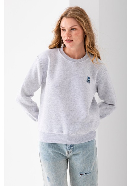 Kadın Bisiklet Yaka Taşlı Ayıcık Nakışlı 3ip Sweatshirt Gri - 2625