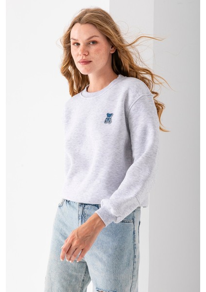 Kadın Bisiklet Yaka Taşlı Ayıcık Nakışlı 3ip Sweatshirt Gri - 2625 fiyatları