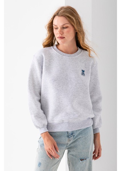 Kadın Bisiklet Yaka Taşlı Ayıcık Nakışlı 3ip Sweatshirt Gri - 2625 modelleri