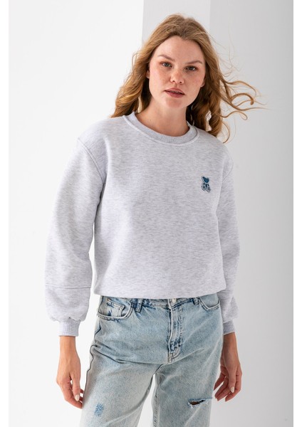 Kadın Bisiklet Yaka Taşlı Ayıcık Nakışlı 3ip Sweatshirt Gri - 2625 indirimleri