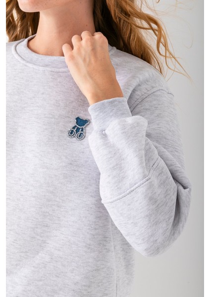 Kadın Bisiklet Yaka Taşlı Ayıcık Nakışlı 3ip Sweatshirt Gri - 2625