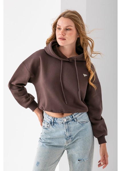 Kadın Kapüşonlu Fashion Aksesuarlı 3ip Crop Sweatshirt Kahverengi - 2667 fiyatları
