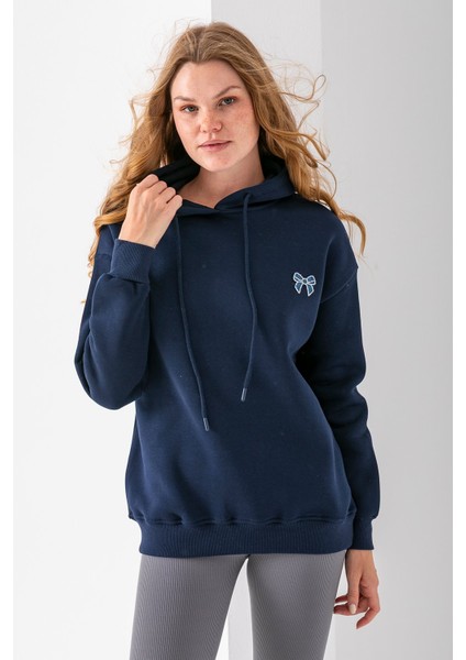 Kadın Kapüşonlu Taşlı Fiyonk Nakışlı 3ip Sweatshirt Lacivert - 2623