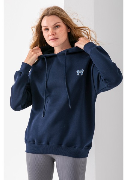 Kadın Kapüşonlu Taşlı Fiyonk Nakışlı 3ip Sweatshirt Lacivert - 2623 fiyatları
