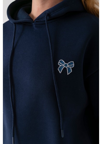Kadın Kapüşonlu Taşlı Fiyonk Nakışlı 3ip Sweatshirt Lacivert - 2623