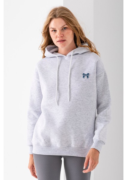 Kadın Kapüşonlu Taşlı Fiyonk Nakışlı 3ip Sweatshirt Gri - 2623