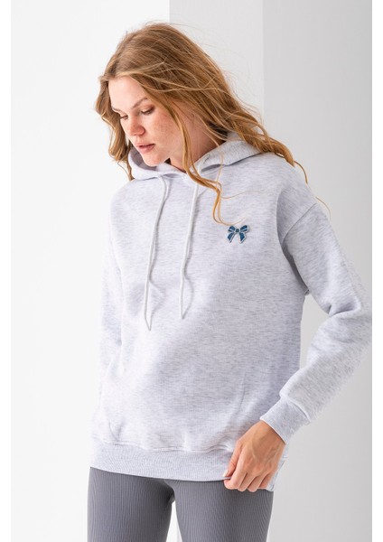 Kadın Kapüşonlu Taşlı Fiyonk Nakışlı 3ip Sweatshirt Gri - 2623 fiyatları