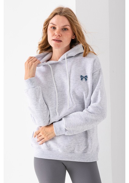Kadın Kapüşonlu Taşlı Fiyonk Nakışlı 3ip Sweatshirt Gri - 2623 modelleri