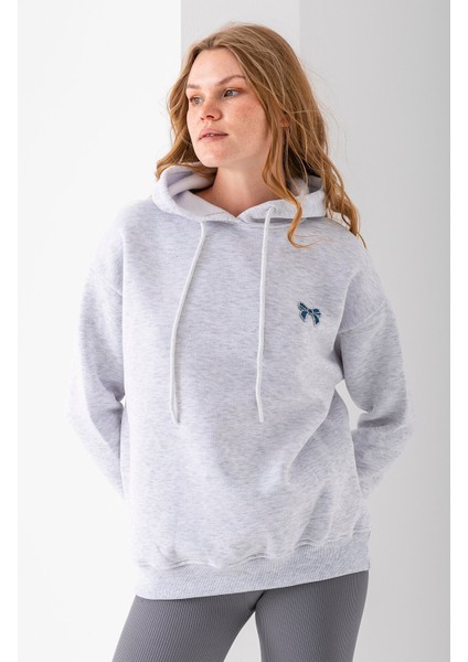 Kadın Kapüşonlu Taşlı Fiyonk Nakışlı 3ip Sweatshirt Gri - 2623 indirimleri