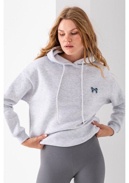 Kadın Kapüşonlu Taşlı Fiyonk Nakışlı 3ip Sweatshirt Gri - 2623