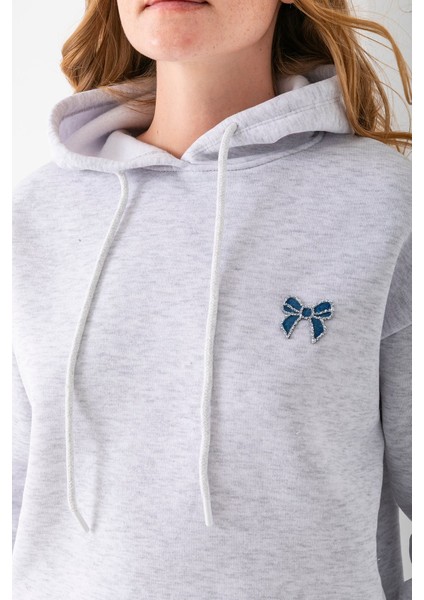 Kadın Kapüşonlu Taşlı Fiyonk Nakışlı 3ip Sweatshirt Gri - 2623