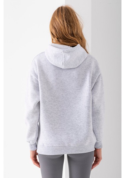 Kadın Kapüşonlu Taşlı Fiyonk Nakışlı 3ip Sweatshirt Gri - 2623