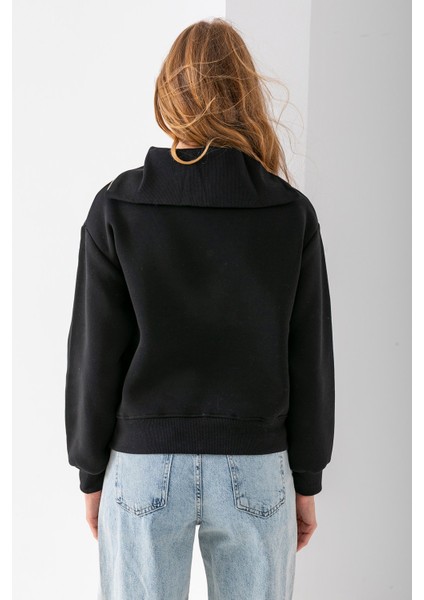 Kadın Yarım Fermuarlı Taşlı Kalp Nakışlı 3ip Sweatshirt Siyah - 2665