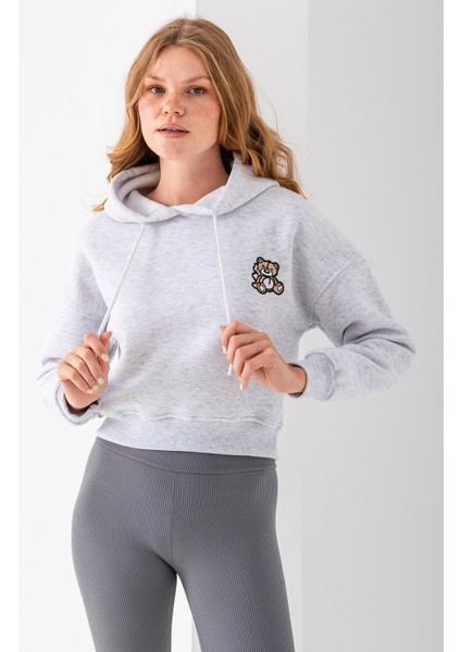 Kadın Kapüşonlu Ayıcık Nakışlı 3ip Crop Sweatshirt Gri - 2668 fiyatları