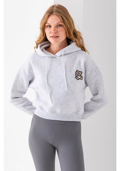 Kadın Kapüşonlu Ayıcık Nakışlı 3ip Crop Sweatshirt Gri - 2668 modelleri