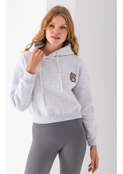 Kadın Kapüşonlu Ayıcık Nakışlı 3ip Crop Sweatshirt Gri - 2668 fırsatları
