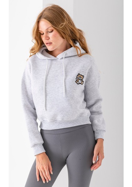 Kadın Kapüşonlu Ayıcık Nakışlı 3ip Crop Sweatshirt Gri - 2668 indirimleri