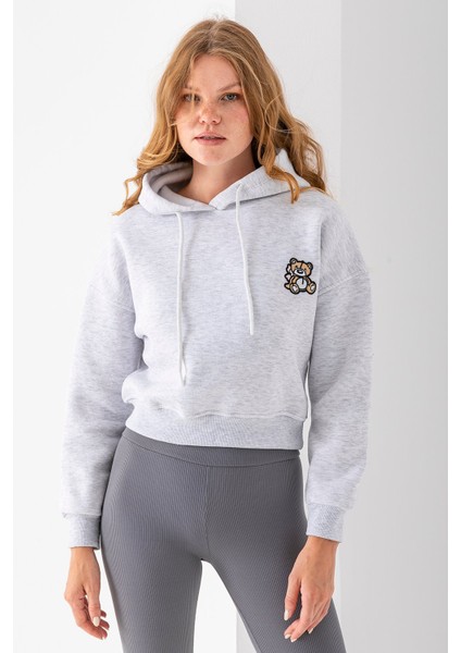 Kadın Kapüşonlu Ayıcık Nakışlı 3ip Crop Sweatshirt Gri - 2668