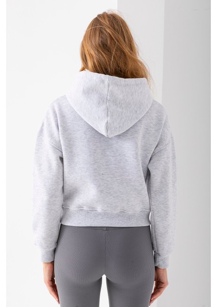 Kadın Kapüşonlu Ayıcık Nakışlı 3ip Crop Sweatshirt Gri - 2668