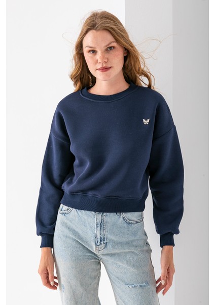 Kadın Bisiklet Yaka Kelebek Aksesuarlı 3ip Crop Sweatshirt Lacivert - 2670