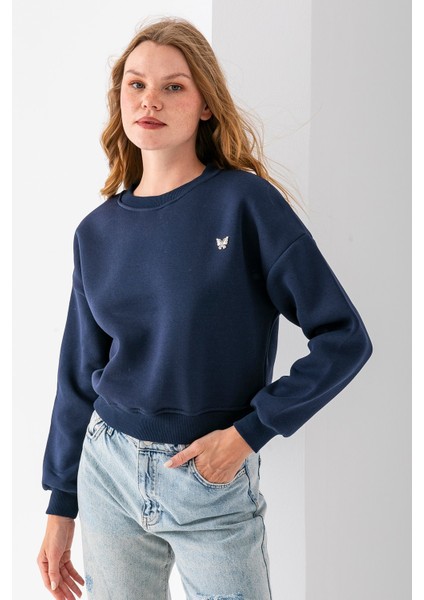 Kadın Bisiklet Yaka Kelebek Aksesuarlı 3ip Crop Sweatshirt Lacivert - 2670 fiyatları