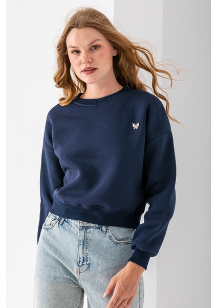 Kadın Bisiklet Yaka Kelebek Aksesuarlı 3ip Crop Sweatshirt Lacivert - 2670 modelleri