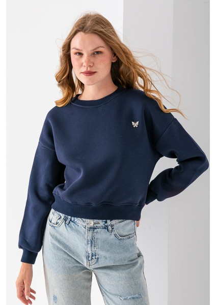 Kadın Bisiklet Yaka Kelebek Aksesuarlı 3ip Crop Sweatshirt Lacivert - 2670 indirimleri