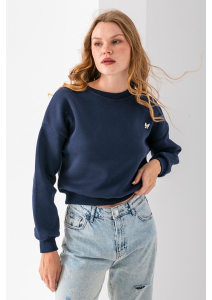Kadın Bisiklet Yaka Kelebek Aksesuarlı 3ip Crop Sweatshirt Lacivert - 2670