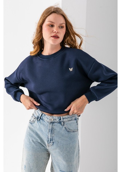 Kadın Bisiklet Yaka Kelebek Aksesuarlı 3ip Crop Sweatshirt Lacivert - 2670
