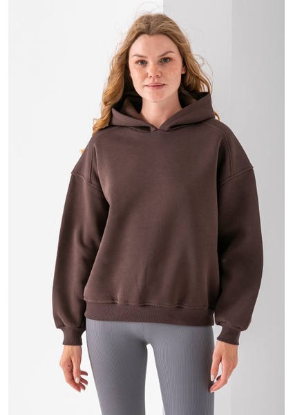 Kadın Kapüşonlu 3ip Basic Oversize Sweatshirt Kahverengi - 2672 fiyatları