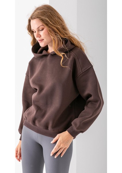 Kadın Kapüşonlu 3ip Basic Oversize Sweatshirt Kahverengi - 2672 modelleri