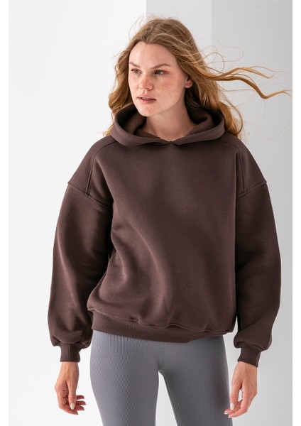 Kadın Kapüşonlu 3ip Basic Oversize Sweatshirt Kahverengi - 2672 indirimleri