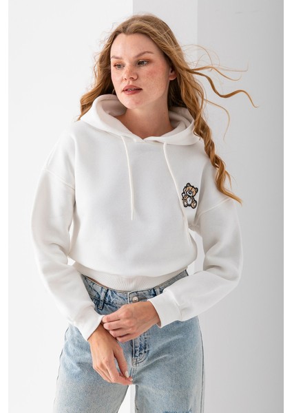 Kadın Kapüşonlu Ayıcık Nakışlı 3ip Crop Sweatshirt Beyaz - 2668