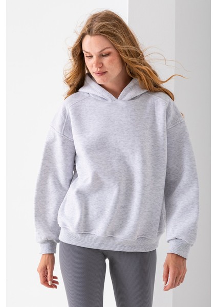 Kadın Kapüşonlu 3ip Basic Oversize Sweatshirt Gri - 2672