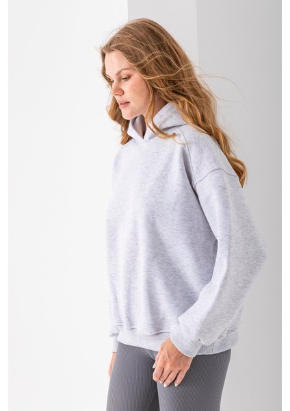 Kadın Kapüşonlu 3ip Basic Oversize Sweatshirt Gri - 2672 modelleri