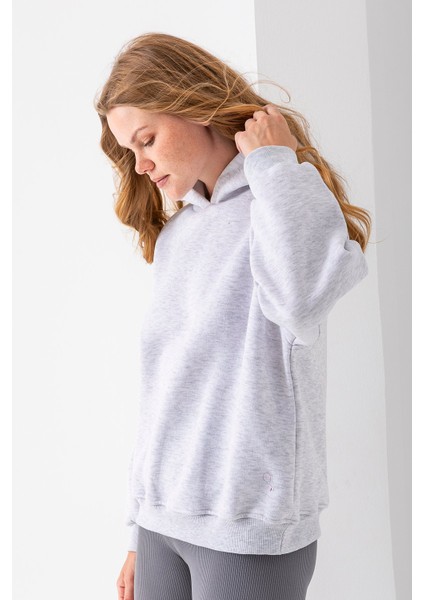 Kadın Kapüşonlu 3ip Basic Oversize Sweatshirt Gri - 2672