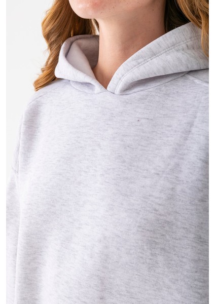 Kadın Kapüşonlu 3ip Basic Oversize Sweatshirt Gri - 2672