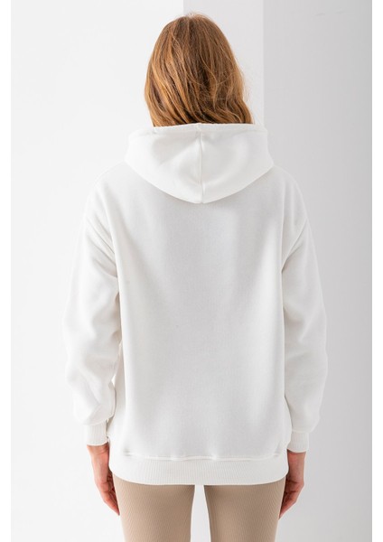 Kadın Kapüşonlu Kot Ayıcık Nakışlı 3ip Sweatshirt Beyaz - 2621