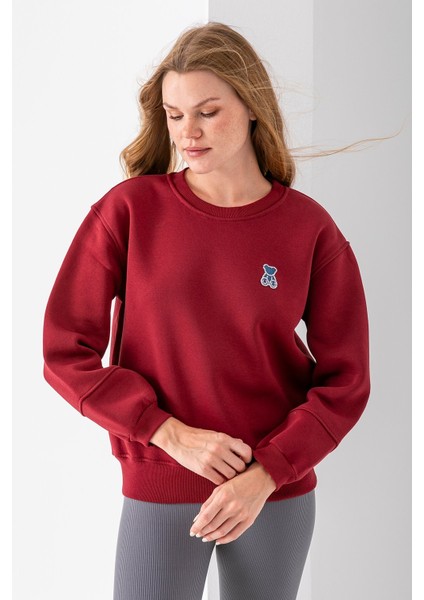 Kadın Bisiklet Yaka Taşlı Ayıcık Nakışlı 3ip Sweatshirt Bordo - 2625