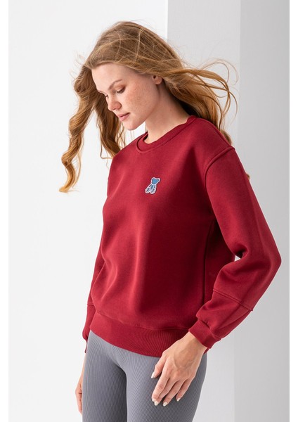 Kadın Bisiklet Yaka Taşlı Ayıcık Nakışlı 3ip Sweatshirt Bordo - 2625 fiyatları