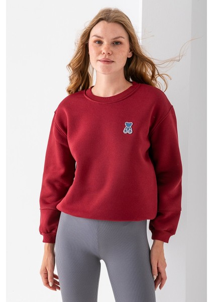 Kadın Bisiklet Yaka Taşlı Ayıcık Nakışlı 3ip Sweatshirt Bordo - 2625 modelleri