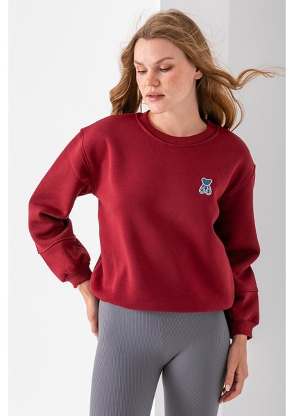 Kadın Bisiklet Yaka Taşlı Ayıcık Nakışlı 3ip Sweatshirt Bordo - 2625 fırsatları