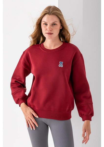 Kadın Bisiklet Yaka Taşlı Ayıcık Nakışlı 3ip Sweatshirt Bordo - 2625 indirimleri